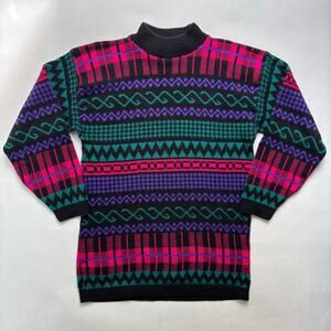 Vintage 80s Mock Neck Oversized Sweater Stripe Lord & Taylor S USA Full House